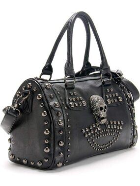 Women's Black Skull Handbag Large Capacity Gothic Shoulder Bag Studded Zipper